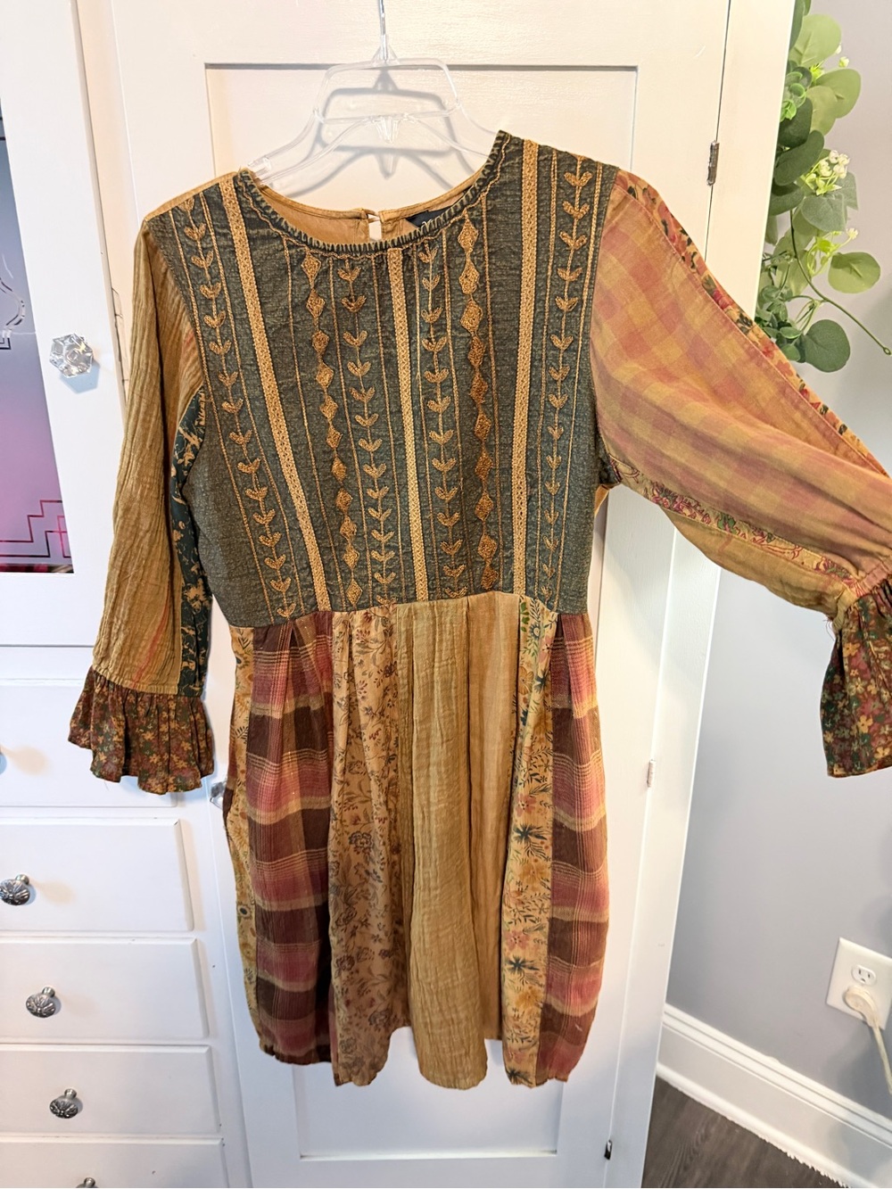 Boho Patchwork Casual Midi Dress in Mustard and Burgundy